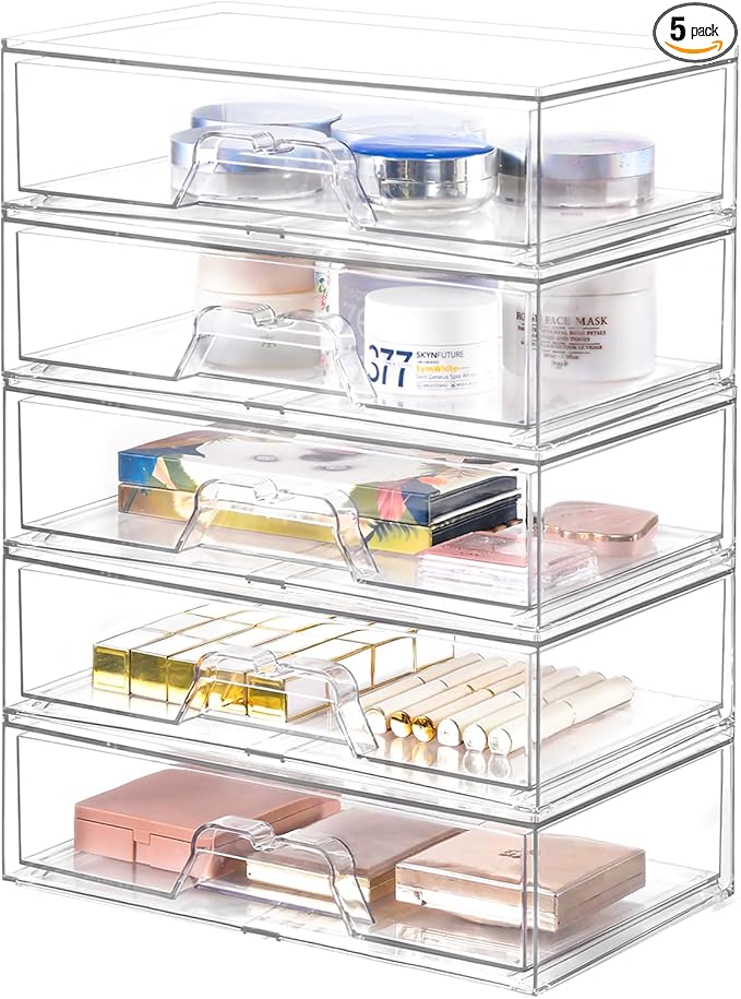 5 Pack Makeup Organizer Stackable, 12.1''L Bathroom Organizer and Storage Acrylic Undersink Drawer Organizer, Cosmetics and Beauty Supplies,Clear Plastic Storage Bins for Vanity,Pantry,Cabinet,Kitchen
