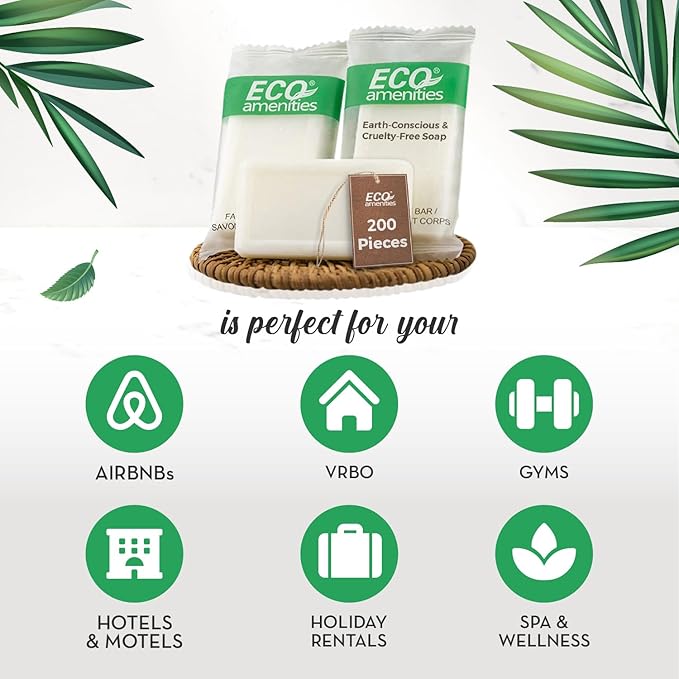 ECO amenities Bar Soap Bulk - 200 Pack, 0.5 oz Travel Size Soap Bars - Individually Wrapped For Hotels - Great for Vacation Rental and Airbnb Toiletries or Hygiene Kits Supplies