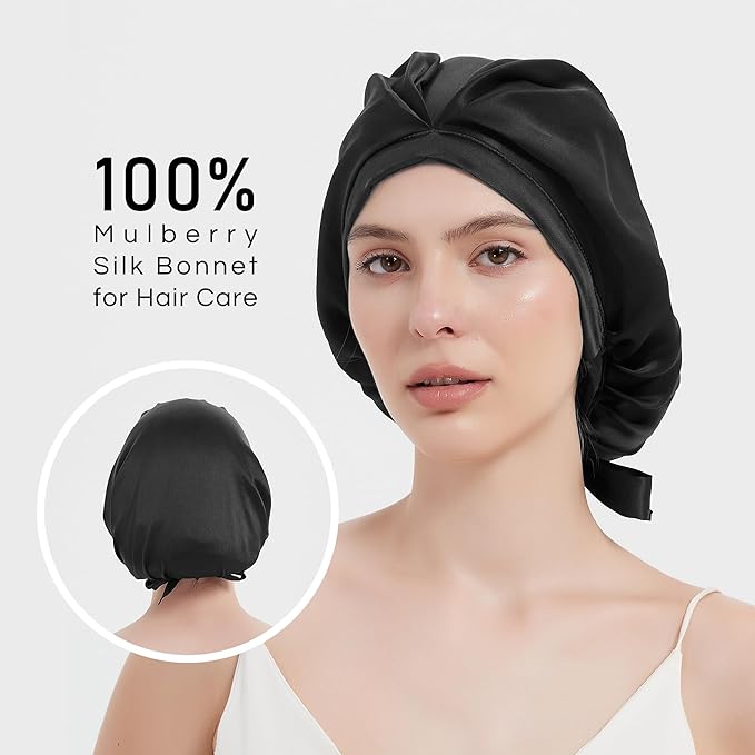 RachelSilk 100% Mulberry Silk Sleep Cap, Grade 6A 19 Momme Silk for Women Hair Care, Night Bonnet with Elastic Stay On Head, Sleep Cap After Shower, for Small -Medium Head Size (Black)