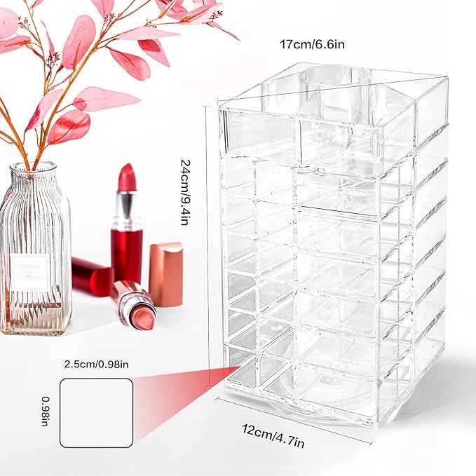 Acrylic Lipstick Tower Holder, 360 Degree Rotating Makeup Cosmetic Lipsticks Organizer with 53 Slots, Spinning Lipgloss Storage Display Stand Holder