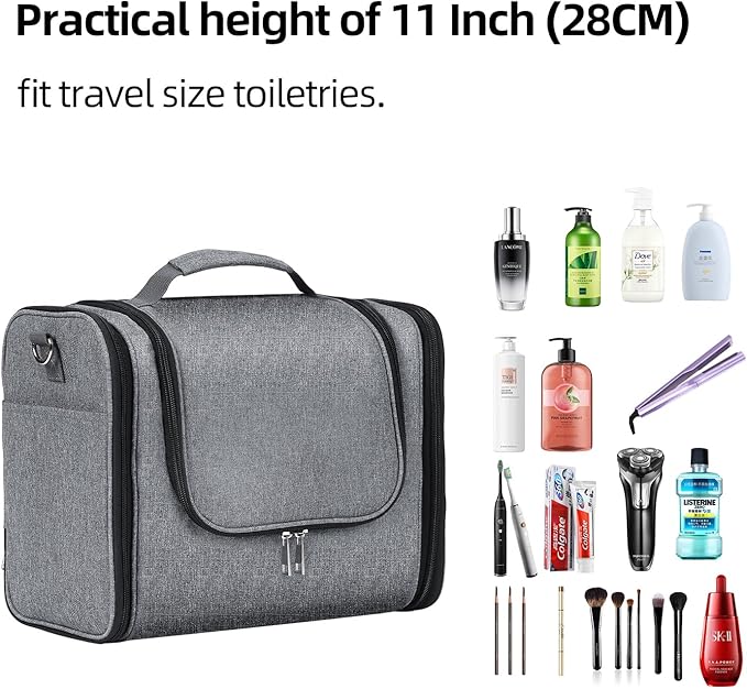Buruis Extra Large Capacity Toiletry Bag for Women and Men, Hanging Toiletry Organizer Cosmetics Makeup Bag, Water-resistant Dopp Kit for Full Sized Toiletries, Travel Essentials (Oxford Gray)