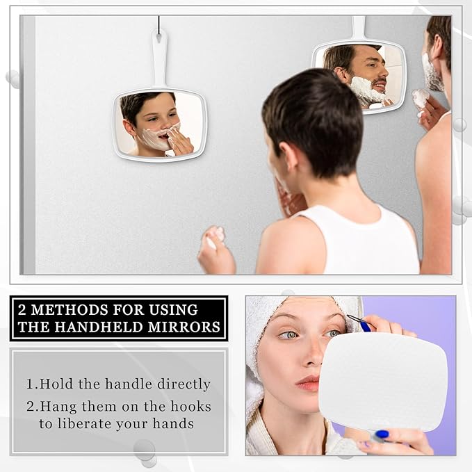 Qunclay 10 Pcs Large Hand Mirror Handheld Mirror with Handle Multi Purpose Barber Mirror with Distortion Free Reflection for Vanity Makeup Salon Travel Use (White, 7.3'' W x 10.3'' L)