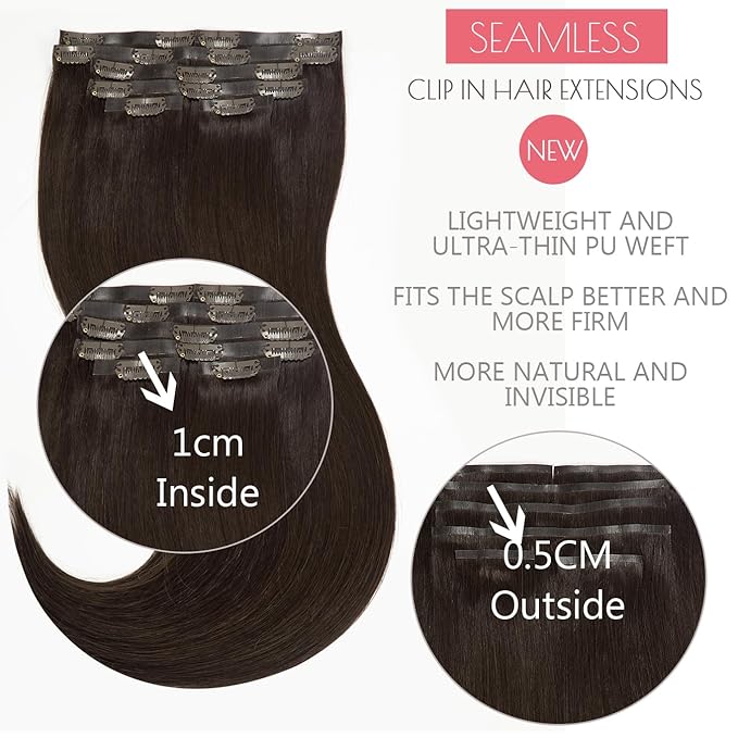Loxxy Seamless Hair Extensions Clip in Human Hair 22inch Darkest Brown 100% Remy Natural Thick Hair Silky Straight Ultra-Invisible Tape Clip Hair Extensions 110gram #2