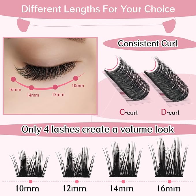 Lash Clusters, 72 Pcs Individual Cluster Lashes DIY Lash Extension 10-16mm Eyelash Clusters Volume Wispy Lashes Super Thin Band Reusable Soft & Comfortable(Cheery,D-12mm)