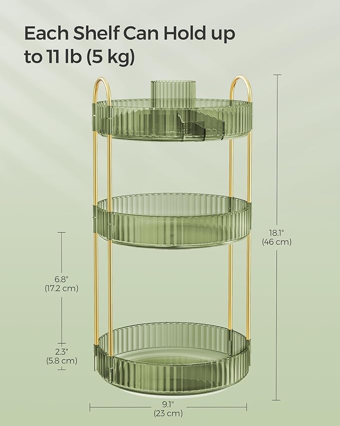 SONGMICS Makeup Organizer, 3-Tier Round Rotating Skincare Organizer Countertop, Customizable, Toiletries Vanity Organizer, Lazy Susan, Gift for Mom, Pale Green UJKA011C01