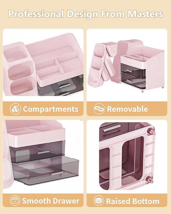 Makeup Organizer with Drawers, Skincare Organizer (Large Size Thick), Storage Box Cosmetic Display Cases, Make up Organizers for Vanity, Dresser, Desk, Kitchen, Countertop (Pink)
