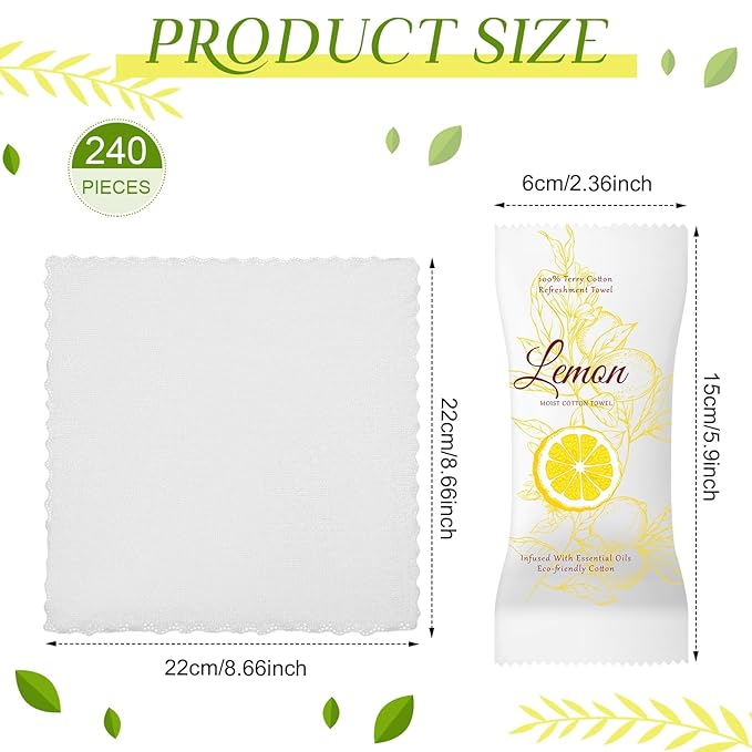 240 Pcs Moist Cotton Towel Moist Towelettes Individually Wrapped Scent Disposable Face Towel 8.6'' x 8.6'' Hot/Cold Moistened Cleansing Wipes, Lemon Tea Tree and Lavender Scent (White)