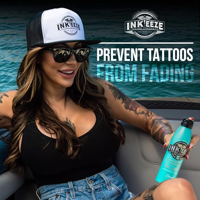INK-EEZE Tattoo Sunscreen Spray SPF 50, UVA/UVB Blocking, Dries Clear, Ozone Reef Friendly, Vegan, Made in USA, Coconut, 6oz spray