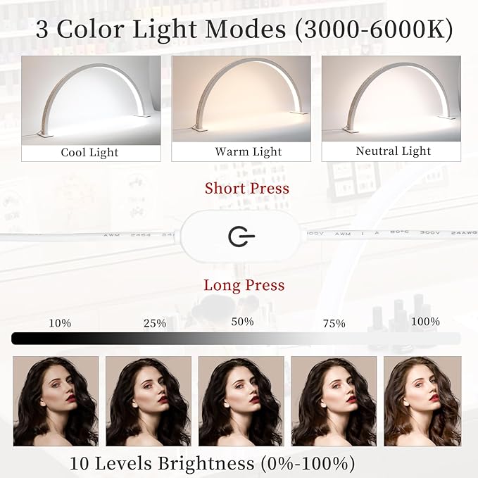 Half Moon Light Nail Lamp for Desk, Lash Light Led Nail Tech Lamp with Adjustable Brightness, Desk Lamp for Lash Eyelash Extension, Tattoo, Skincare, Eyebrows