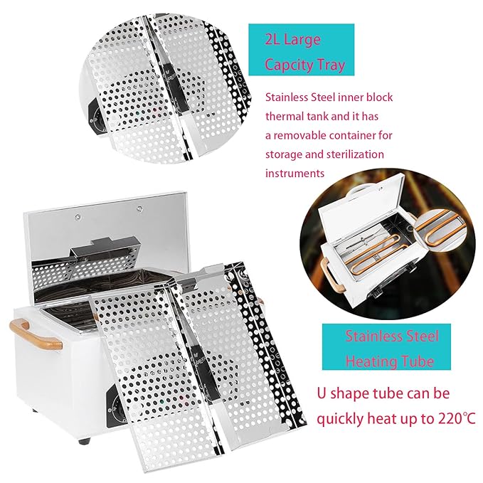 High Temperature Cleaning Box with Timer, Nail Salon Metal Tool Cleaning Box with Handle, 110V 300W 1.5L Dry Heat Cabinet with Stainless Tray for Beauty Hair Nail Metal Tools Cleaning…