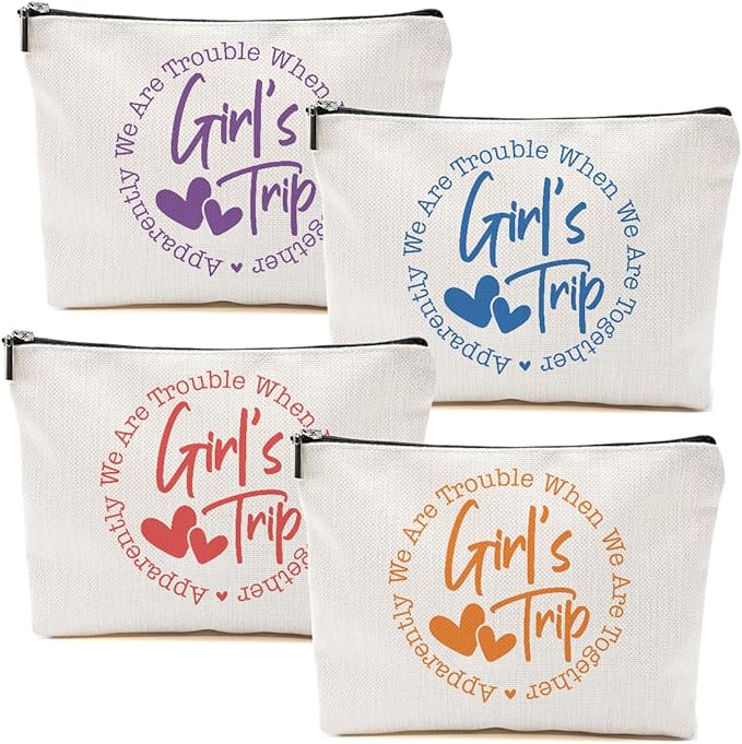 4Pcs Girls Trip Gifts Favors, 2025 Girls Weekend Gifts Makeup Bag, Bestie Gifts Weekend Bag Travel Gifts Vacation Cosmetic Bag, Friendship Gifts for Women Sister, Graduation Wedding Gifts Toiletry Bag