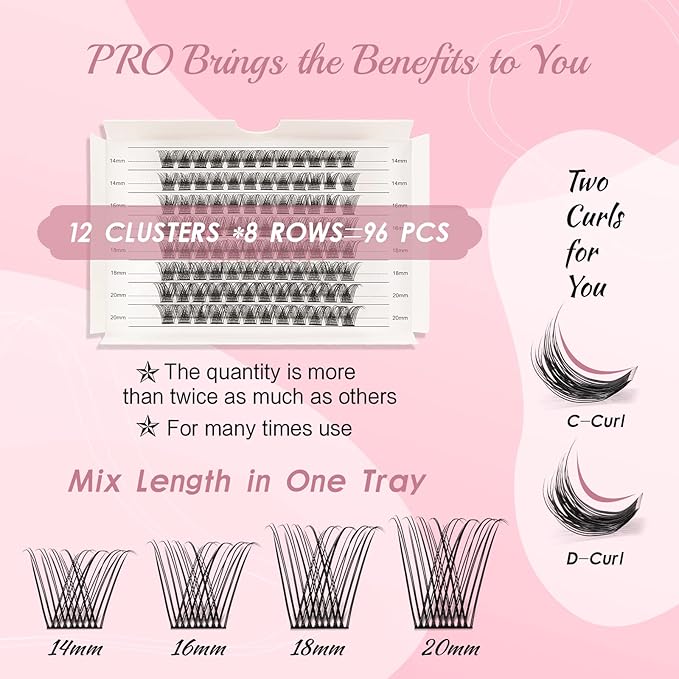 Lash Clusters, 96 Pcs Individual Cluster Lashes DIY Lash Extension Eyelash Clusters Volume Wispy Lashes Super Thin Band Reusable Soft & Comfortable(Natural-D-14-20 mix)