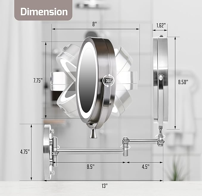 OVENTE 7" Lighted Wall Mount Makeup Mirror with 1X/10X Magnification, Cordless Double Sided Magnifying Round Vanity Mirror, 360° Swivel Design, Extendable and Folding Arm, Nickel Brushed MFW70BR1X10X