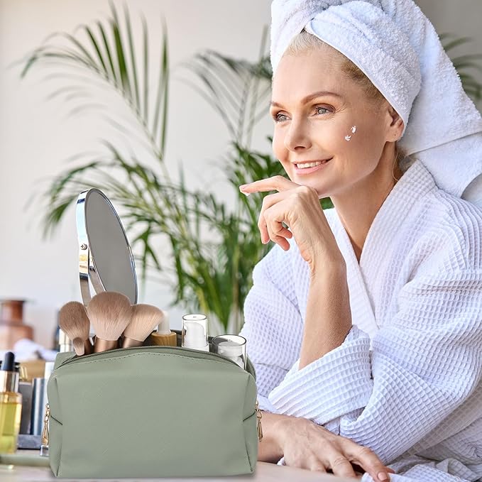 Sanwuta 9 Pcs Preppy Makeup Bag PU Leather Cosmetic Bag Makeup Pouch Plain Waterproof Toiletry Organizers for Traveling Preppy Travel Purse End of the Year Teacher Gifts Bulk(Dark Green)