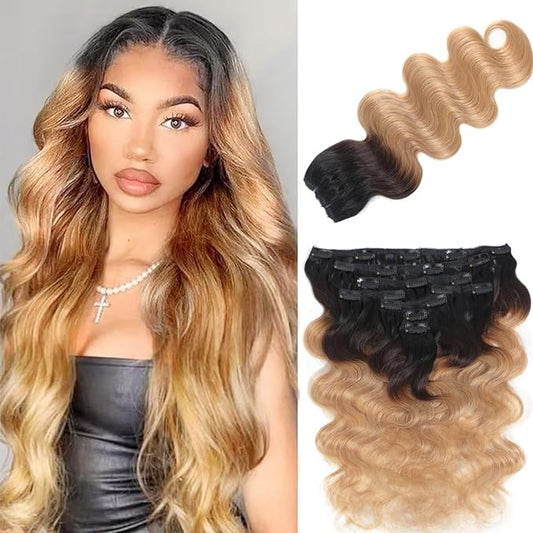 LUMIERE Human Hair Clip In Extensions, Body Wave Ombre Blonde Seamless Clip In Hair Extensions Real Human Hair for Black Women T1B/4/27 Balayage Hair Extensions 120g 8pcs/Set Natural Hair 16 Inch