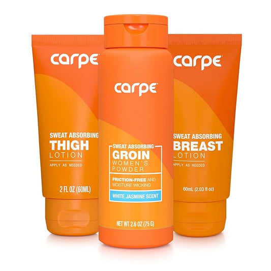 Carpe Women's Sweat Bundle Deal (1x Breast Sweat Absorbing Lotion, 1x Thigh Chafe Lotion, 1x Groin Powder) Women's Deodorant - Helps Absorb Excessive Sweat w/ Odor Protection for Sensitive Lady Parts
