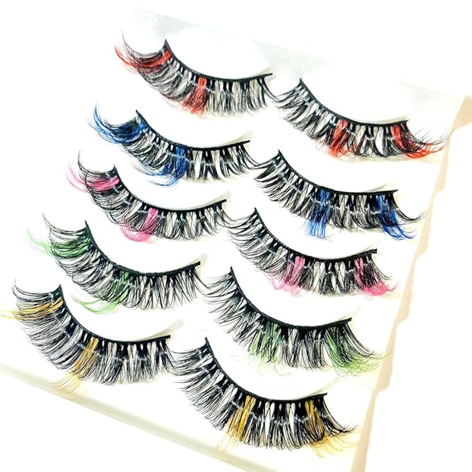 Sunniess Ombre Colored Lashes Silk Protein Fluffy Wispy Volume Fake Lashes for Halloweens Cosplay Party Stage Russian D Curl Lashes with Color Make up Faux Mink False Eyelashes