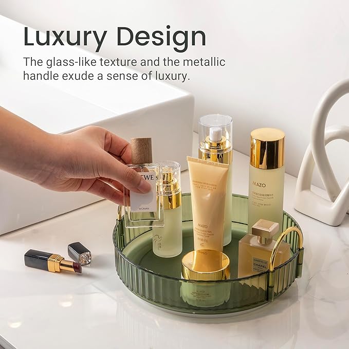 Rotating Makeup Organizer for Vanity, Skincare Make Up Tray for Bathroom Counter, Clear Perfume Storage Cosmetic Display Case Holder 360 Spinning(Green)