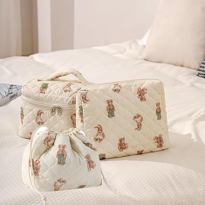 3pcs Large Cotton Quilted Makeup Bag Set,Coquette Aesthetic Cute Travel Toiletry Bag,Drawstring Gift Bag for Women and Girls(3Pcs White Bear)