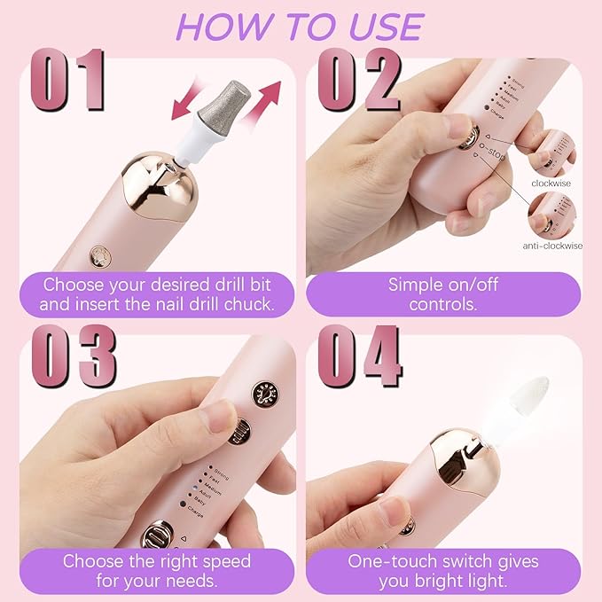 Electric Nail Filer Drill for Nails Professional：Portable Electric Nail Drill Set,Cordless Nail File Sander for Acrylic Nail Files and buffers with Nail Dril Bits Sanding Bands ,Pink
