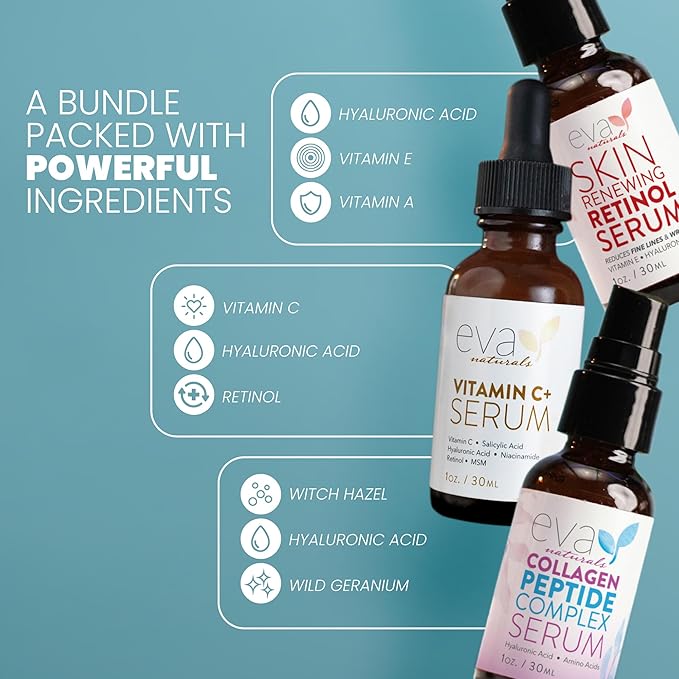 Eva Naturals Trifecta Serum Bundle - Vitamin C Plus, Collagen Peptide Serum, Retinol Serum - Serum Set for Collagen Boost, Anti Aging & Youthful Glowing Skin