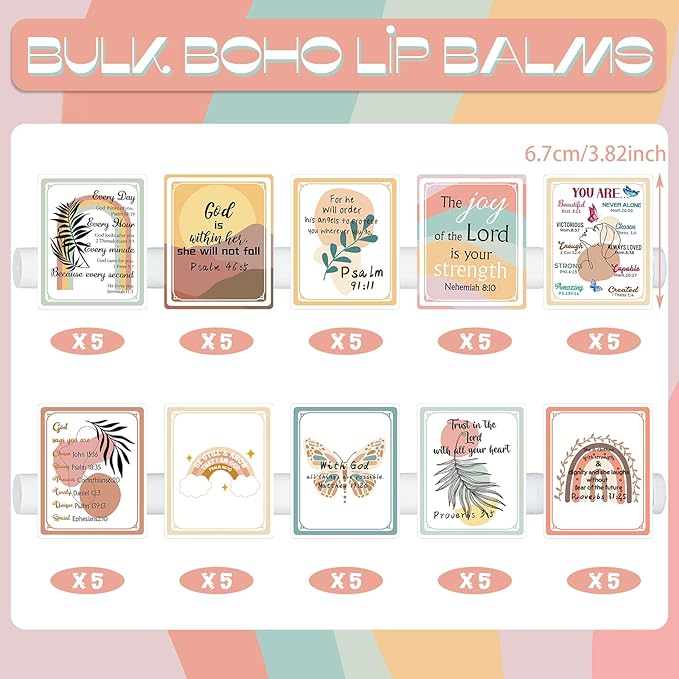 50 Pack Religious Lip Balm for Women Lip Balm with Scripture Bulk Christian Gifts Faith Bible Verse Scripture Inspirational Gift Party Favors Coworkers 10 Styles(Boho)