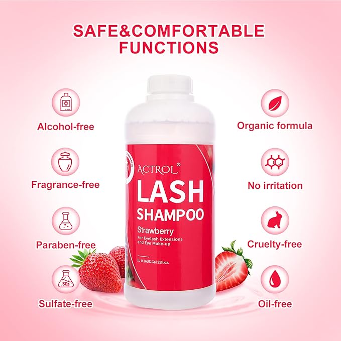 Eyelash Extension Cleanser Strawberry 1L Natural Lash Extension Shampoo Professional Eyelid Foaming Cleanser Paraben & Sulfate Free Non-lrritating with Salon and Home Care
