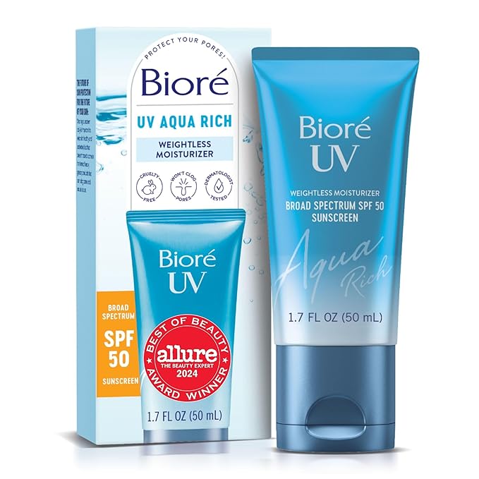 Biore UV Aqua Rich Daily Hydrating Facial Moisturizer with SPF 50 | Oil Free Sunscreen & Primer for Makeup with Hyaluronic Acid, No White Cast, Non-Comedogenic, For Sensitive Skin, PA++++, 1.7 Oz