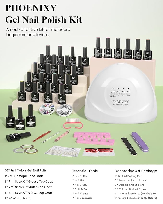 PHOENIXY 47 PCS Gel Nail Polish Kit with U V Light, Gel Nail Polish Set with Manicure Starter Kit, Base Top Coat DIY Nail Art Salon Home Gifts for Women