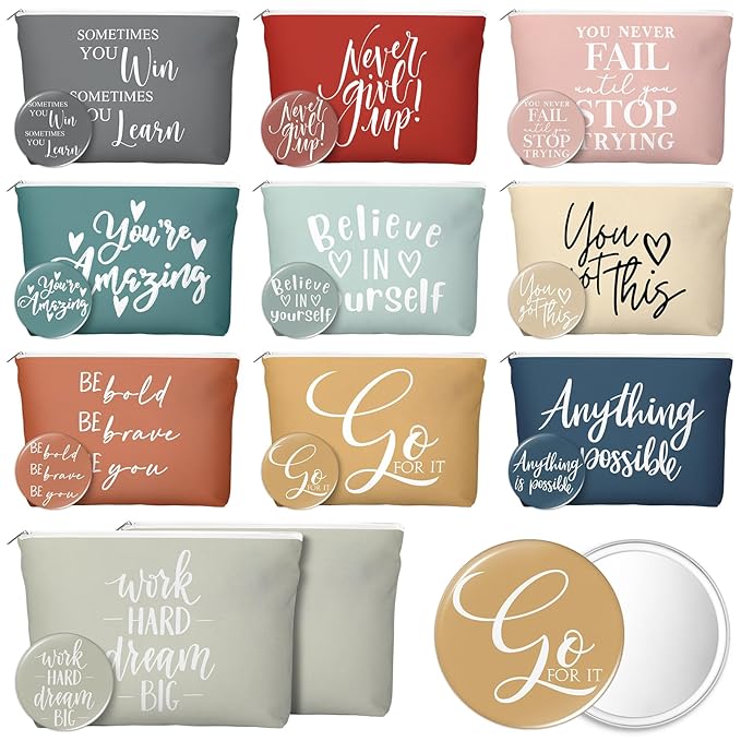 20 Pcs Employee Appreciation Gifts 10 Inspirational Canvas Makeup Bags 10 Compact Mirrors Bulk Cosmetic Bags Round Portable Pocket Mirror Thank You Gifts for Women (Incentive)