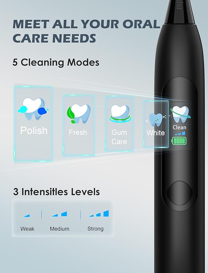 Electric Toothbrush for Adults - 90 Day Battery Life, Rechargeable Sonic Toothbrushes with Pressure Sensor, Smart Screen Travel Electric Toothbrush with Case, 5 Cleaning Modes & 3 Intensities Settings