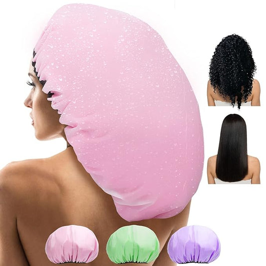 3 Pcs 16.5" Super Extra Large Shower Cap - Reusable Dual Waterproof for Women, Jumbo Satin Lined for Braids & Long Hair, XXL Adjustable for Locs Dreadlocks Music