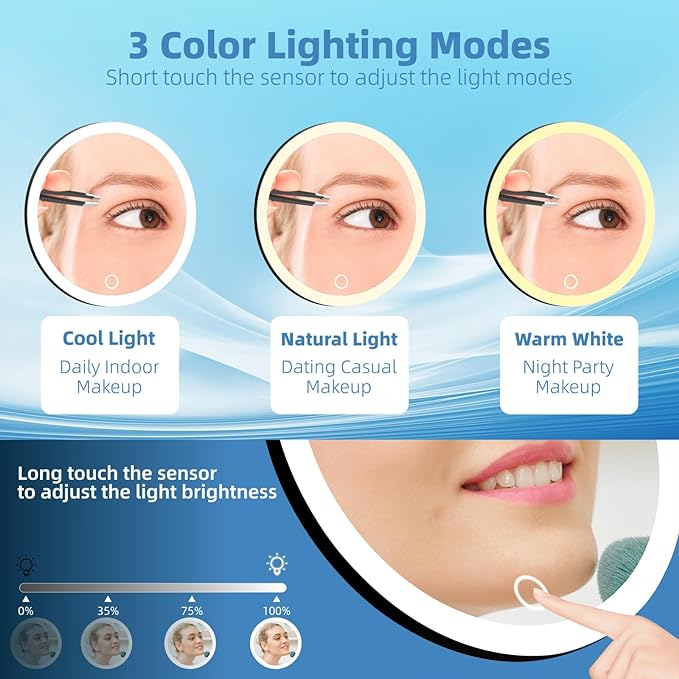 5x Lighted Magnifying Mirror with Suction Cups, Large 6'' Magnified Mirror with Light High Magnification Travel Makeup Mirror, Rechargeable Battery, 3 Colors Dimming Light, with Tweezers &Scissors