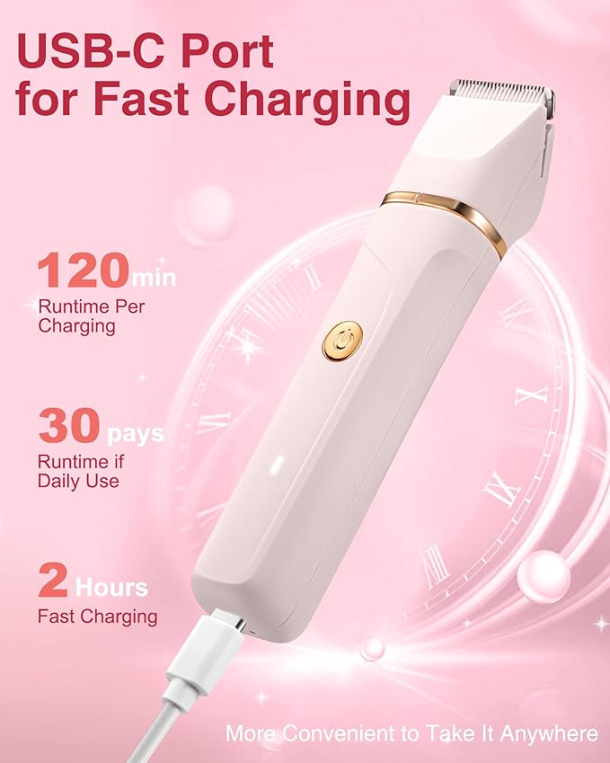 Bikini Trimmer for Women, 3 in 1 Electric Shaver for Womens,Painless Personal Body Hair Groomer,Smooth Hair Trimmer for Pubic Hair,USB-C Charger,IPX7 Waterproof,Ceramic Blades,Peach