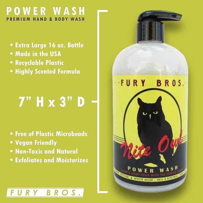 Premium Power Wash | Nite Owl | Lavender Vetiver White Musk | Hand & Body Wash | Exfoliating Pumice | Moisturizing Aloe Vera | Highly Scented | Made in USA | 16 oz | Dad Men Bath