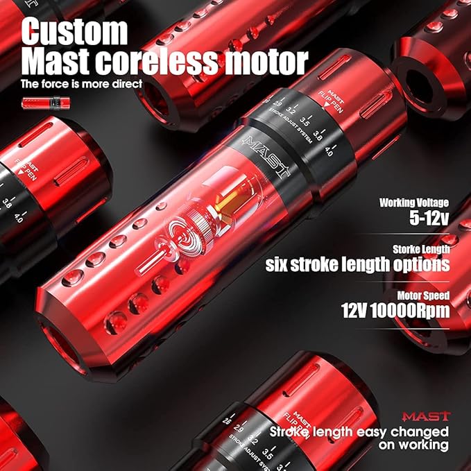 Mast Tattoo Gun Kit Flip Wireless Tattoo Machine 7 Strokes Length Tattoo Kit 2 Batteries Power Supply 20 Pro Tattoo Needles Cartridges