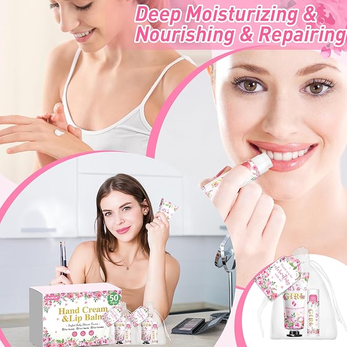 50 Pack Bulk Hand Cream and Lip Balm Gifts Sets, Baby Shower Favors and Bridal Shower Favors for Guests with Thank You Card and Organza Gift Bags, Appreciation Gifts, Wedding Party Favors (Baby Girls)