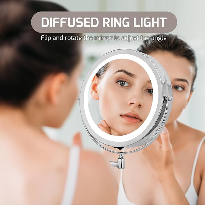 OVENTE 9" Lighted Wall Mount Makeup Mirror with 1X/10X Magnification, Cordless Double Sided Magnifying Round Vanity Mirror, 360° Swivel Design, Extendable and Folding Arm, Polished Chrome MFW85CH1X10X