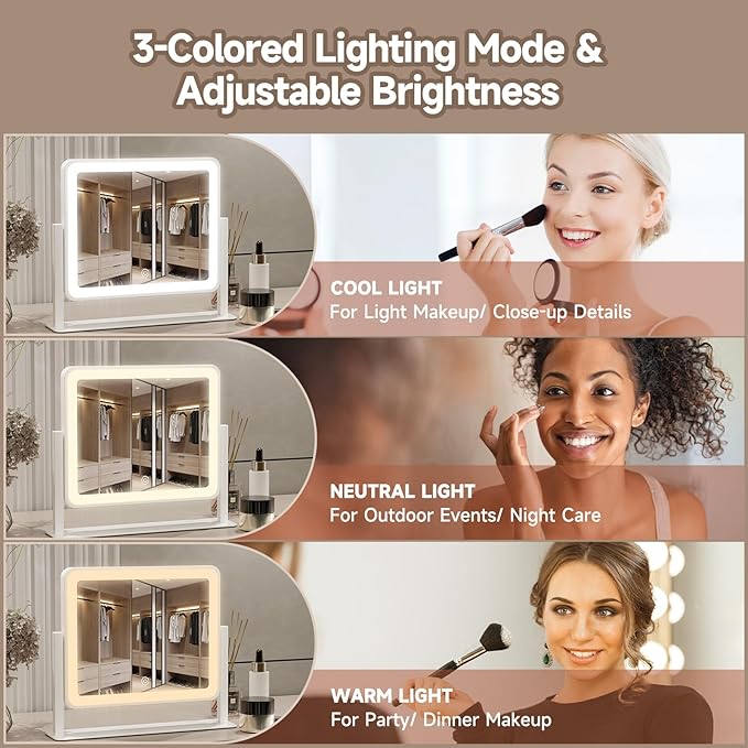 PRIMETEK LED Vanity Mirror with Gift Box, 14"x12" LED Lighted Makeup Mirror, Makeup Mirror with Lights, 3-Color Lighting, 5X Magnification, for Desk Tabletop, Bedroom, Gifts for her
