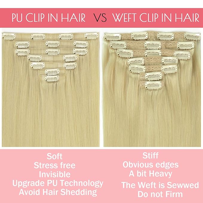 Loxxy Seamless Hair Extensions - 14Inch 110Gram 7Pcs Bleach Blonde #60 Highlights Clip in Human Hair Invisible PU Double Weft Natural Tape Clip in Human Hair For Women