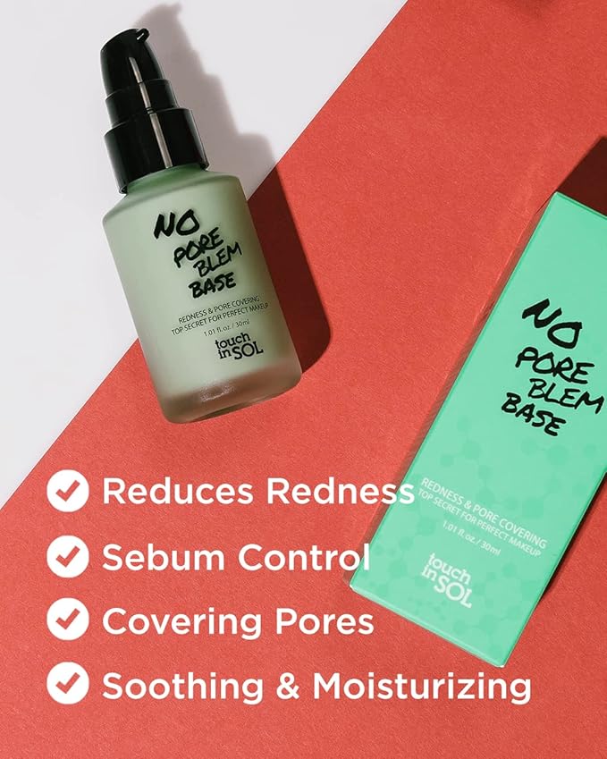 TOUCH IN SOL No Pore Blem Primer + Redness Correcting Base Set - Pore Filler Blurring Primer Before Makeup - Tone Neutralizing before Foundation - Pore Minimizing, Sebum, and Shine Control 1.01fl. oz.