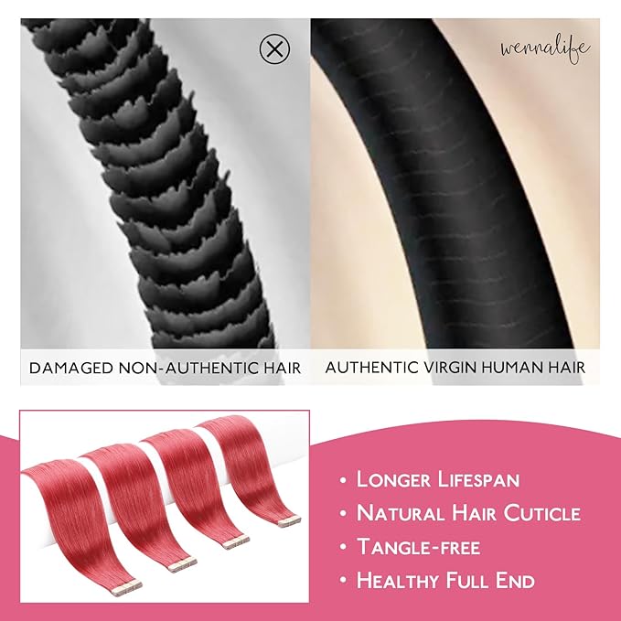 WENNALIFE Tape in Hair Extensions Human Hair Coral Red Tape in Extensions, 10pcs 25g 16 inch Remy Invisible Tape Ins Straight Colored Soft Real Human Hair Tape in Extensions Refill Set Extensions