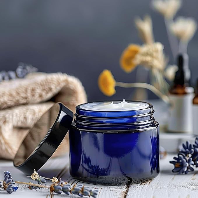 KEYWING 2oz Small Glass Jars with Black Lids, 35 Pack Blue Round Glass Cosmetic Jars with Inner Liners for Cream, Lotions, Powders and Ointments