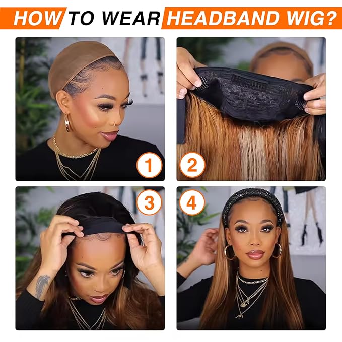 Aiterina Ombre Headband Wig Human Hair Straight 4/27 Highlight None Lace Front Wigs Glueless Human Hair Wigs Virgin Brazilian Machine Made Wigs for Black Women 22 Inch