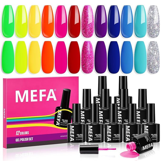MEFA Neon Gel Nail Polish Set, 12 Colors Gel Nail Set Green Glitter Pink Blue Yellow Purple Red Soak Off Nail Gifts for Women Girl DIY Salon Home Manicure Spring Summer