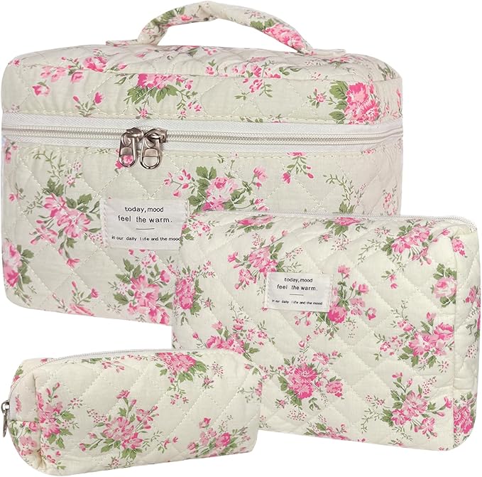3Pcs Cotton Quilted Makeup Bag for Women Girls, Large Floral Cosmetic Bag Set Cute Makeup Brushes Aesthetic Accessories Storage Bag Pink Flower Travel Toiletry Bag Organizer