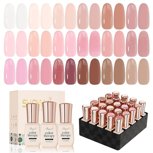 Jelly Pink Gel Nail Polish Set, 20 Colors Neutral Nude Pink Sheer Glitter White Color Soak Off UV Gel Kit with Base Gel Glossy Matte Top Coat DIY Manicure Gifts