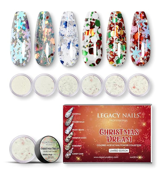 Legacy Nail Acrylic Powder Collections - 6 Colors Professional Nail Art Powder Set Manicure DIY for Dip & Acrylic Nail Extensions (CHRISTMAS DREAM COLLECTION)