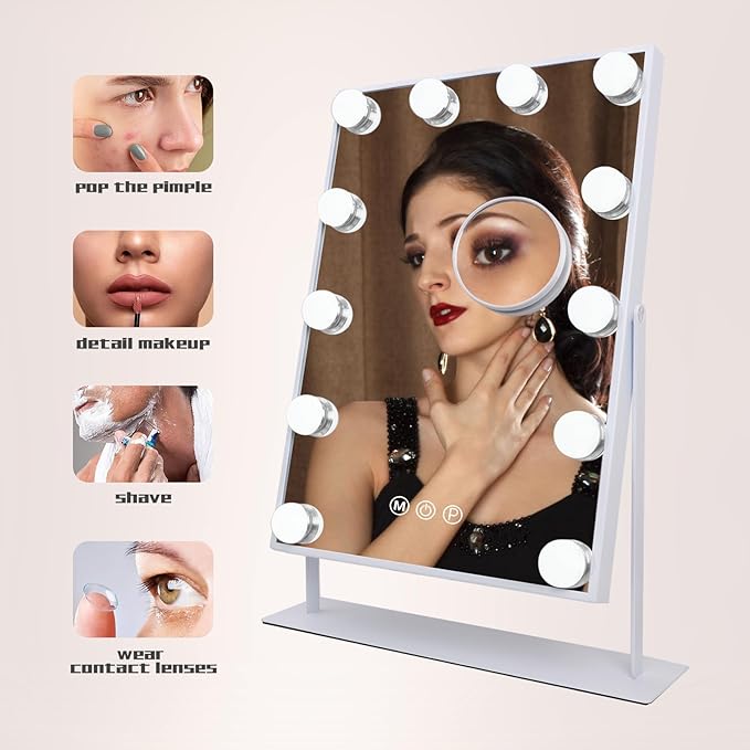 COOLJEEN Makeup Mirror Vanity Mirror with Lights - 12 Led Bulbs Lighted Hollywood Mirror, 10X Magnification,3 Color Modes, Touch Control, Women Gift (White)
