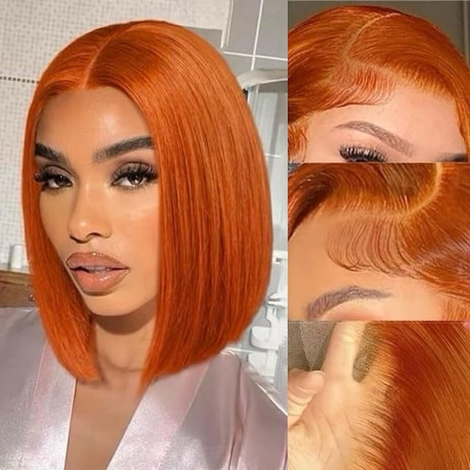 10 Inch Ginger Orange Bob Lace Front Wigs Human Hair for Women 13x4 HD Transparent Lace Frontal Wigs Pre Plucked with Baby Hair Glueless Wigs Human Hair 180% Density 350# Colored Straight Bob Wig